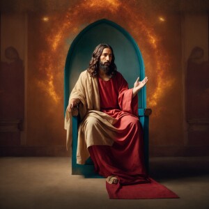 Generate an image of Jesus christ seated on the right hand of Go...