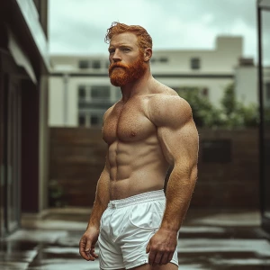 The image displays a ginger, bearded hairy chest, muscular man s...