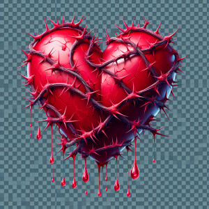 A red heart surrounded by thorny vines, with little drops of "bl...