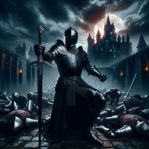 Black knight in front of undead castle in a victory pose with de...