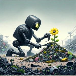 The small silhouette of a robot  gathers scraps of metal and deb...
