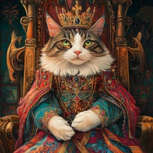 A regal cat adorned in an elaborate, colorful royal attire, comp...