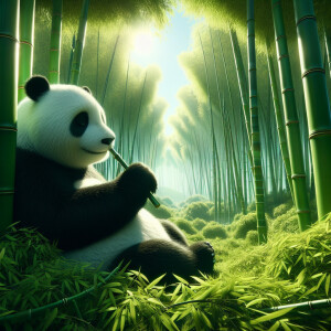 Create an image of a giant panda sitting in a lush bamboo forest...