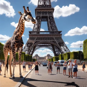 Giraffe standing in front of Eiffel Tower