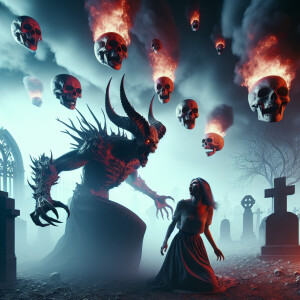 A sinister devil figure with piercing horns and a crown of skull...