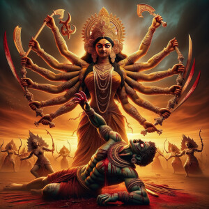 Portrait of angry and gorgeous goddess durga slaying mahishasur by carrying him like a baby and stabbing him with her red long nails.  Goddess Durga should have eight arms. she should wear Gold jewelry all over the body. Mahishasur should have wounds all over his body. mahishasur should be smaller in size compared to Goddess durga. Background is an intense battlefield. reddish hue everywhere and sunset in the background.  Epic scene. 4k, HDR. Photography