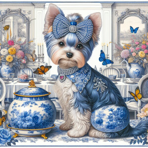 create a realistic image of a blue and white toile de jouy femal...