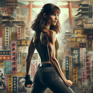 Athletic Thin skinny Attractive, Asian teenage girl, long brown hair and bangs, wearing tight skinny jeans and a halter top paint marks on her clothing, heroic pose Asian graffiti background, backside view