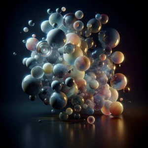 An arrangement of glass orbs floating in midair, each one contai...