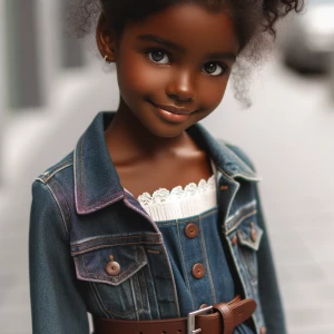 Black litter girl wearing dark blue jeans with brown belt