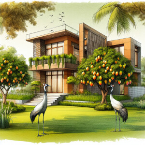 Create a sketch of a modern home with a rustic mud finish, surro...