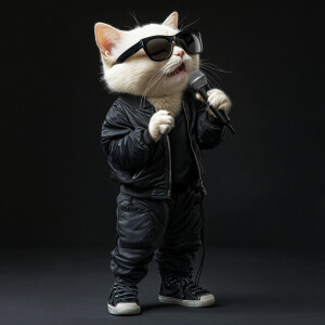 a white cat wearing black glasses wearing a black jacket wearing...