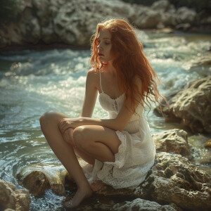 A high-resolution image of a red-headed girl in a white dress si...