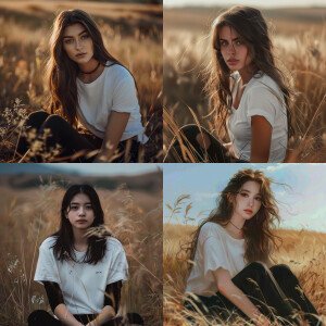 Can you make a picture of a girl sitting on a field wearing a lo...