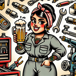 Cartoonish mechanic in grey coveralls  drinking a beer in an old...