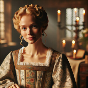 A beautiful blonde woman in the 17th century in a nightgown