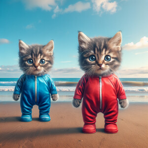 Two Alvin kitten wearing jump suit standing like a human on the...