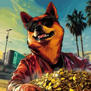 MEME DOGE in GTA art style — DOGE digging gold — in the style of...