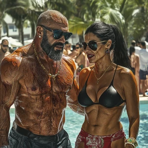 PhotoRealism,fantasy,a muscular beefy sweaty man walking with h...