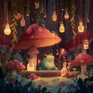 Whimsical fantasy illustration of a cute green frog peacefully m...