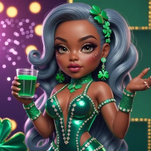 A chibi-style melanin rich skin tone African American character with a glammed-up look. The character is holding a cup of green liquid and shrugging. The quote says, "Suspect: Love is... who knows? I'm too busy being fabulous." The character has long, shiny hair styled in soft waves and is dressed in an ultra-glam green outfit with clovers, rhinestones, and sparkles. The character's face has a defined nose and full lips. The background features a festive touch with glitter, shamrocks, and soft glowing lights, creating a chic and vibrant vibe.