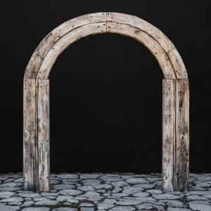 A wooden archway, centered in the image. The arch is made from beautiful vintage barndoor wood.   The archway has a smooth, semi-circular shape and shows the nails and slight wear of the weathered barn wood.  The wood has a grey, beige weathered color with lighter, streaky highlights.  The interior of the archway is completely black. The archway sits atop a natural vintage cobble stones. The background is a plain,black.The overall style is rustic, minimalist, and natural, evoking a sense of warmth and organic beauty. The lighting is even, casting no distinct shadows within the image, which enhances the focus on the wood texture and its details. The perspective is straight-on, looking directly at the archway.