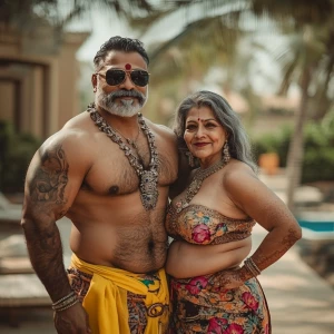 A criminal beefy muscular indian man entrring with his 50 year o...