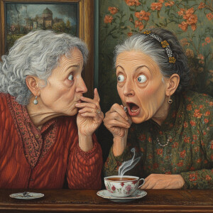 Generate an image of two women in their fifties sharing a secret...