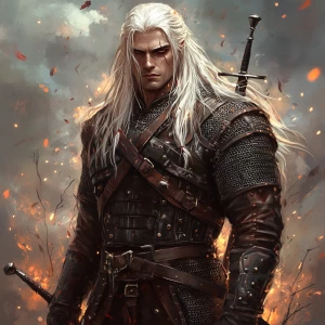 Create an image of a fantasy warrior character with long white h...