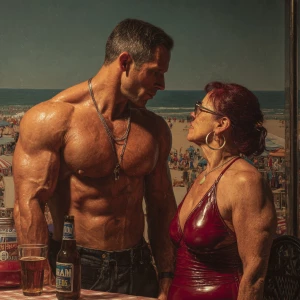 Hyperrealism photo painting combination image,a muscular sweaty...