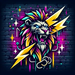 graffiti style roaring lion with lightening bolts in the mane....