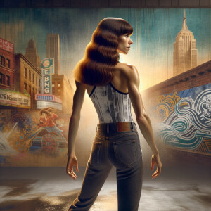 Athletic Thin skinny Attractive, Asian teenage girl, long brown hair and bangs, wearing tight skinny jeans and a halter top paint marks on her clothing, heroic pose Asian graffiti background, backside view