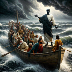 African-American Jesus telling Peter to come walk on the water,...