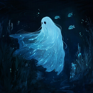 A translucent ghost gracefully drifting in the dark depths of th...
