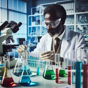 Black male African-American scientist, working in a laboratory w...