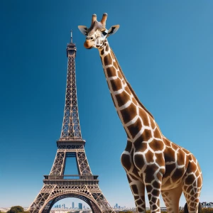 giraffe standing in front of Eiffel Tower