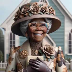 Create a 3-D realistic, elderly African-American woman stands in front of a quaint church, exuding joy with the biggest smile on her face. Her eyes are magnified by large, round glasses, and her gray hair is styled neatly beneath a stylish church hat adorned with roses and intricate golden details. She's dressed in an elegant jacket with a floral pattern in shades of brown and gold, complementing her hat. On her jacket, a prominent brooch adds a touch of sophistication. She holds a book titled "I Got Saved" in her gloved hands, showcasing her spiritual milestone with pride and delight.