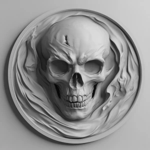 Design a grayscale 3D bas-relief of a sinister-looking skull wit...