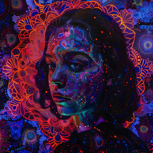 A portrait of a woman against a detailed mandala pattern glowing...