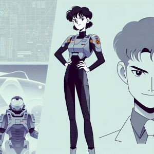 1990s anime screencap, girl a plugsuit, standing with hands on h...