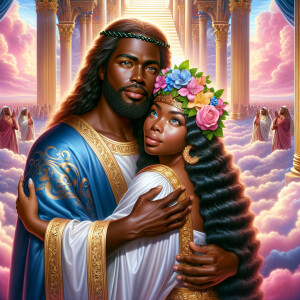 In a divine, heavenly setting, create an image of a light-skinne...