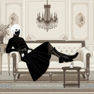 "Изобрази персонажа в стиле киберпанк, лежащего на старинном див...