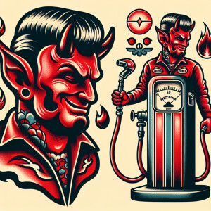 A 1950s rockabilly red devil in a mechanics jumpsuit, standing n...