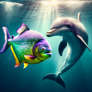 Purple lime piranha no teeth playing with a dolphin