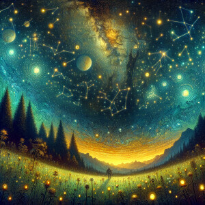 Create an image of a vibrant meadow under a starlit sky, the mea...