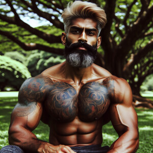 a powerful and self-assured bodybuilder sporting a striking blon...