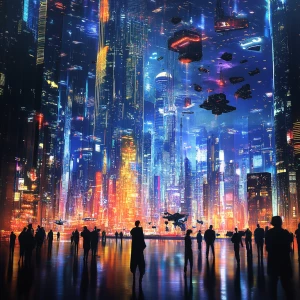 A holographic display of a futuristic cityscape towers above the...