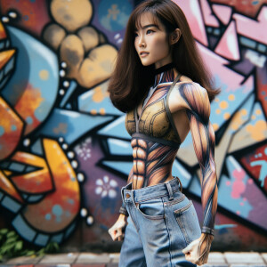 Very thin Athletic Thin skinny Attractive, Asian teenage girl, long brown hair and bangs, wearing tight skinny jeans and a halter top paint marks on her clothing, heroic sideways pose Asian graffiti background