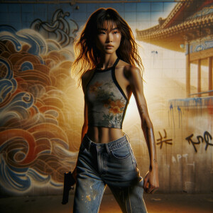 Athletic Thin skinny Attractive, Asian teenage girl, long brown hair and bangs, wearing tight skinny jeans and a halter top paint marks on her clothing, heroic pose Asian graffiti background, side view