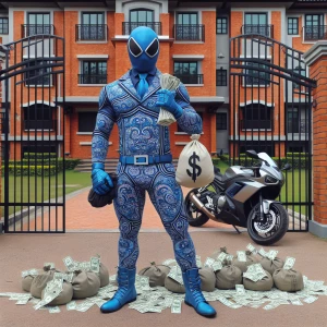 Iron Man, clad in a all blue armor suit adorned with a paisley pattern, stands confidently with a bag of money in each hand, surrounded by scattered dollar bills at his feet. He is leaning casually on a motorcycle. Behind him, there's a red brick apartment complex, secured by an elegant black wrought iron gate.